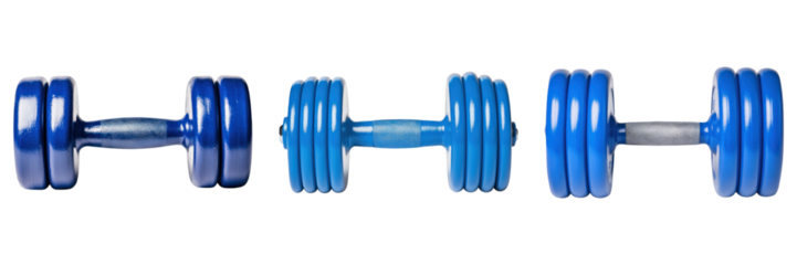 Three blue dumbbells of varying sizes isolated on transparency background