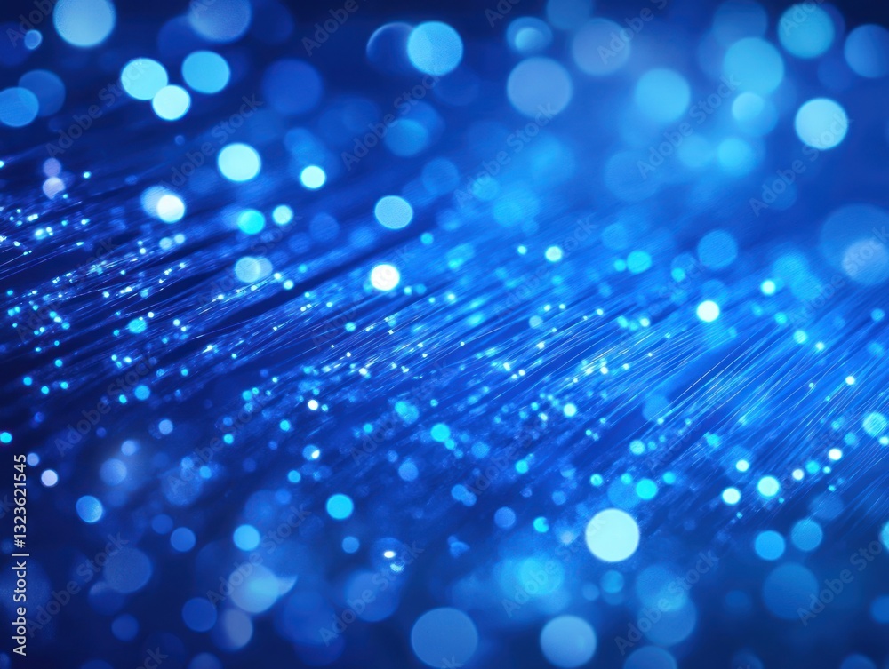Poster abstract blue background featuring shimmering light particles and bokeh effects, creating a vibrant 