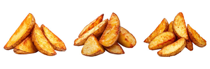 Crispy potato wedges isolated on transparency background, arranged in three piles
