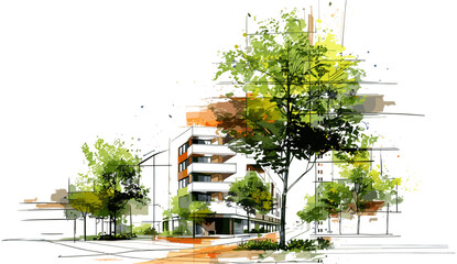 Architectural drawing of building with tree in park, watercolor elements, isolated white background, park design, structure art, urban landscape, creative sketch, watercolor style
