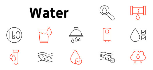 Water set icon. Hydration, water quality, filtration, plumbing system, shower usage, environmental impact, water supply, drinking safety, fluid control, water conservation