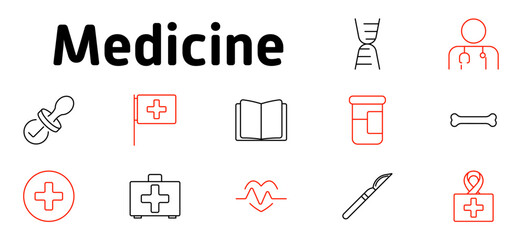 Medicine set icon. Medical research, doctor, genetics, pharmaceuticals, first aid, surgery, patient care, heart monitoring, healthcare education, medical supplies