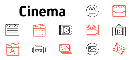 Cinema set icon. Film production, media industry, photography, movie editing, digital content, entertainment, storytelling, directing, professional recording, visual effects