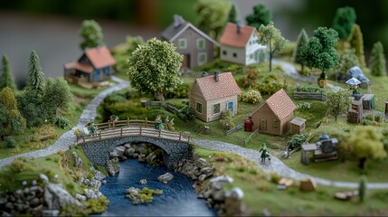 Naklejka premium Miniature village with houses, bridge, and trees showcasing detailed craftsmanship and intricate design.