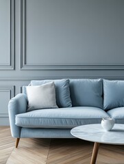Light Blue Velvet Sofa in Modern Living Room with Gray Walls