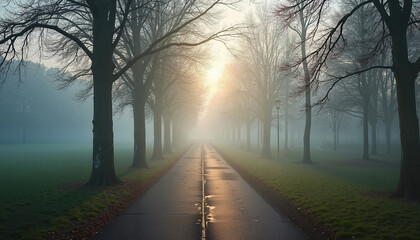 Fototapeta premium Misty pathway through trees at dawn