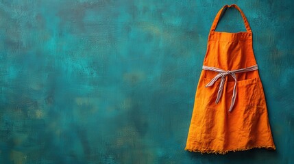 A vibrant orange apron, its edges frayed with anticipation, rests on a teal backdrop, a testament to the warmth and inviting aroma of home cooking, ready to transform into culinary masterpieces.