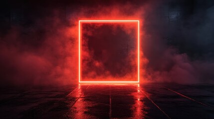 Red neon square portal illuminating dark room with smoke and wet floor