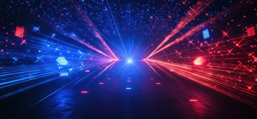 Red and blue laser beams creating a futuristic tunnel with bright lights and particles