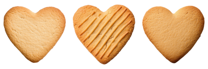 Three heart shaped cookies with different textures on transparency background