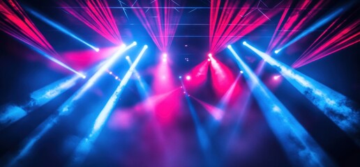 Colorful stage lights illuminating the foggy concert hall