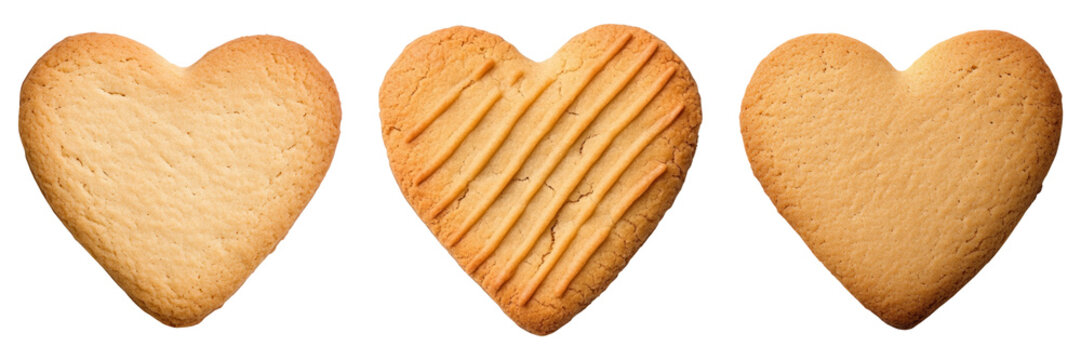 Three heart shaped cookies with different textures on transparency background