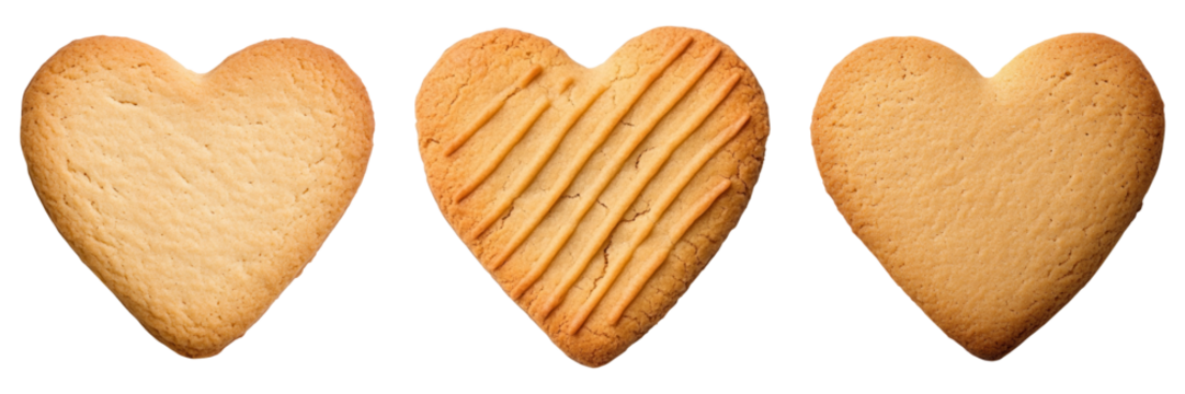 Three heart shaped cookies with different textures on transparency background