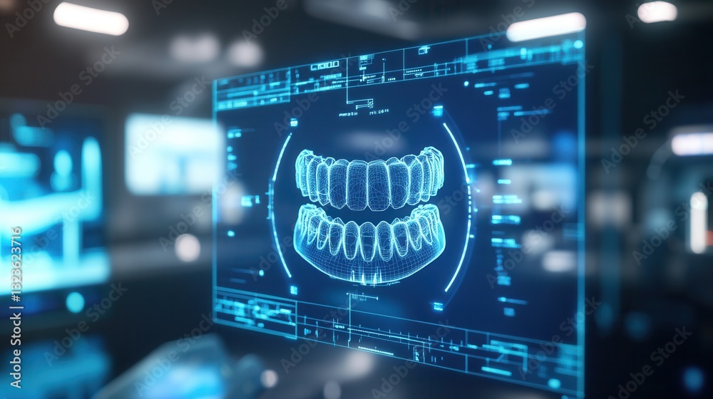 Poster modern holographic interface showcasing a 3d dental implant with scanning effects in a futuristic se