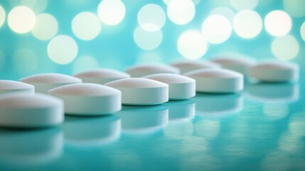 A vibrant teal backdrop served as a stage for a group of white tablets, their circular forms and uniform size creating a sense of order and precision. Each tablet gleamed with a soft, ethereal glow,