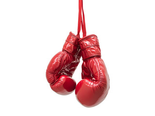pair of red boxing gloves hanging in mid air, showcasing their shiny texture and vibrant color. Perfect for sports enthusiasts and boxing fans