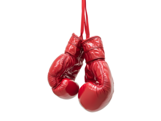 pair of red boxing gloves hanging in mid air, showcasing their shiny texture and vibrant color. Perfect for sports enthusiasts and boxing fans