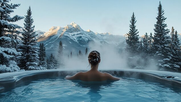 Serene scene of a woman relaxing in an outdoor hot tub, surrounded by snow-covered pine trees, with the majestic mountains of Banff National Park visible through a clear winter sky, 