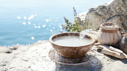 Naklejka premium Serene outdoor wooden bowl with water by the sea, surrounded by rustic elements and natural beauty.