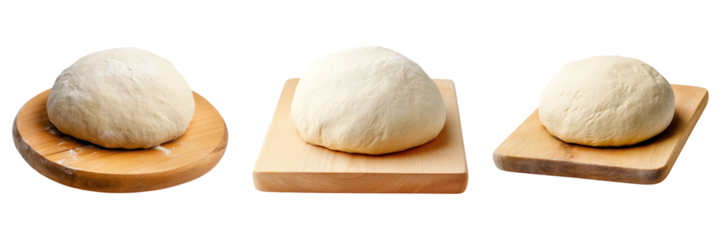 Three round balls of bread dough on wooden boards, isolated on white