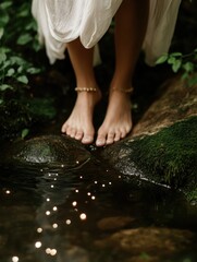 Ethereal Grounding Ritual Mindful Wellness Journey of Soft Bare Feet on Moss-Kissed Stream Stones - Holistic Healing and Nature Connection Imagery
