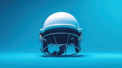 Fototapeta premium A pristine white cricket helmet, a symbol of protection and skill in the sport of cricket, rests proudly against a vibrant blue backdrop, surrounded by the sleek equipment that enhances the game s