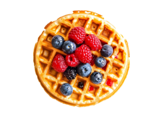 delicious waffle topped with fresh raspberries and blueberries, perfect for breakfast or dessert. vibrant colors and textures create inviting and appetizing look