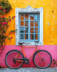 Vintage bicycle against a vibrant, colorful wall with flowers.