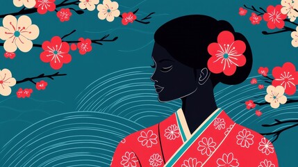 Elegant Woman in Kimono Surrounded by Cherry Blossom Trees