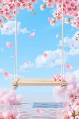 Wooden swing over water under cherry blossoms with blue sky and flying petals. Ideal for spring themes, relaxation visuals, serene landscape designs, and peaceful creative projects.