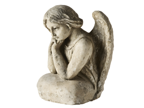 stone angel statue depicting serene and peaceful expression, with delicate features and folded wings, symbolizing tranquility and contemplation