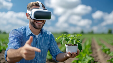 Innovative farmer utilizing vr simulator for crop planning in agriculture outdoor field environment engaging technology concept