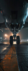 Close-up view of airplane landing gear at night on wet runway, with blurred lights in background.