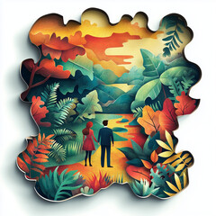 a couple walking on a path in an abstract fantasy landscape