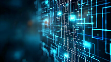 Abstract Blue Digital Network Background With Illuminated Circuit Lines and Glowing Dots Against Dark Backdrop
