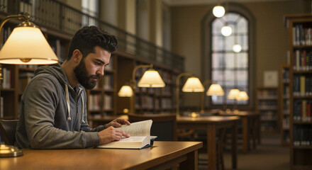 Man reading book intently in quiet library
