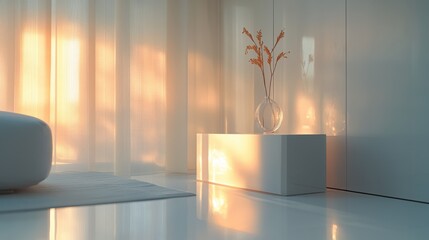 A sleek, minimalist bedside table, its white surface reflecting the soft glow of the room, stands alone on a transparent backdrop, creating a sense of airiness and spaciousness.