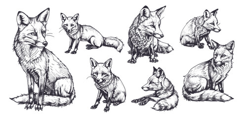 Wild dog vector, isolated fox sketch, vintage ink drawing, engraving art, animal background, hand-drawn fox illustration, sketch set, wildlife design, nature art
