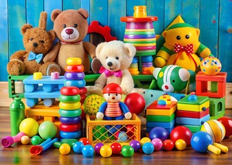 Fototapeta premium Playful kids' environment with interactive toys wooden shapes stuffed bears colorful balls and creative playsets milkyhexddway Backgrounds for creating advertising placements Your ads can be here art