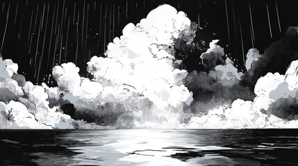 Dramatic monochrome thunderstorm illustration with contour clouds and rain
