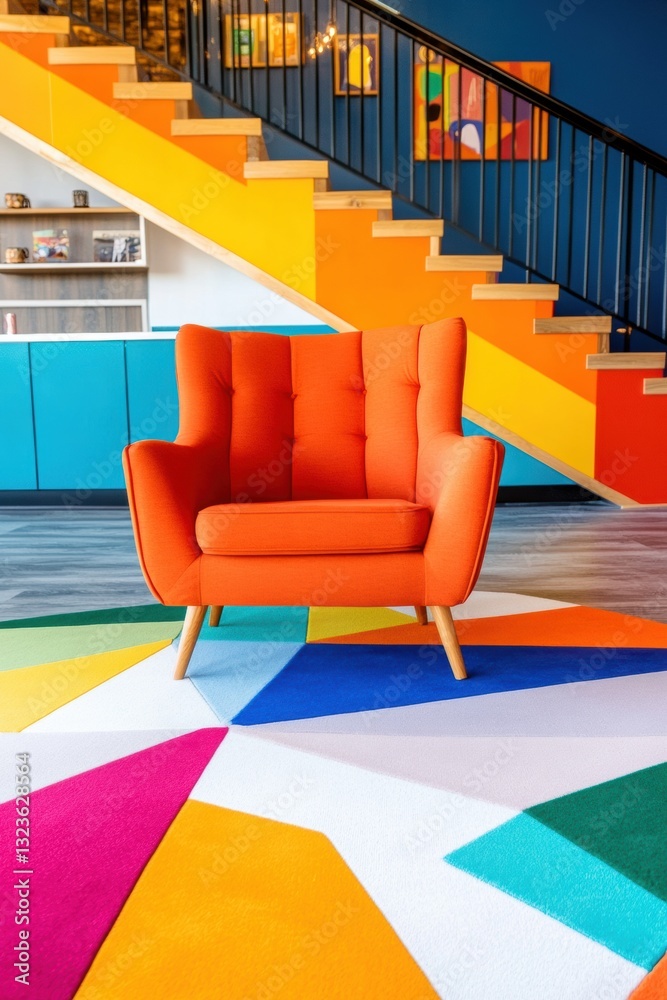 Poster vibrant modular workspace design bold color-block chair in dynamic contemporary office with geometri
