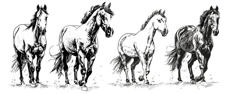 Vintage horse vector art, wild mustang ink sketch, isolated horse set, wild nag illustration, horse engraving, mustang background, vector ink drawing, classic horse vector