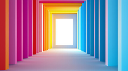 Fototapeta premium Colorful hallway with gradient walls leading to bright light.