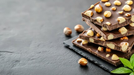 Hazelnut Chocolate Delight: Indulge in the rich allure of a stack of dark chocolate bars studded with crunchy hazelnuts, creating a decadent display, perfect for food lovers.