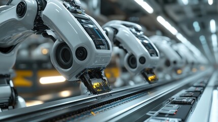 Obraz premium Close-up of robotic arms assembling circuit boards. Illustrates automation, technology, and manufacturing processes.