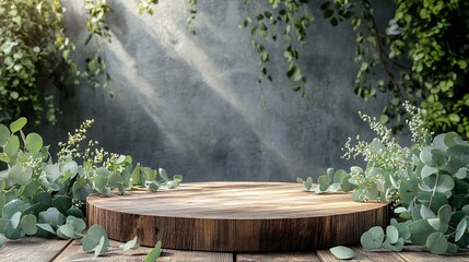A wooden display platform surrounded by lush green botanical leaves