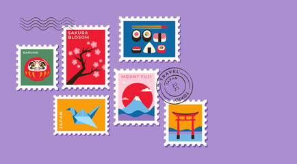 Japanese Travel Stamp Collection. Vector Illustration of Cultural Icons and Landmarks