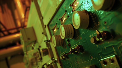Close-up of industrial control panel with dials in green lighting.