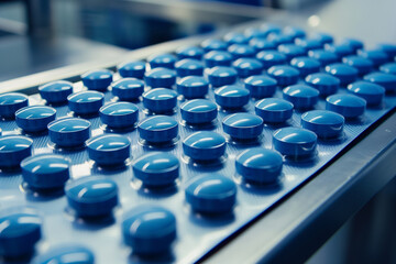 Pharmaceutical blue pills in blister packs on production line.