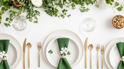 Elegant dining table setup with green napkins and white plates, garnished with greenery. Perfect for celebrations.